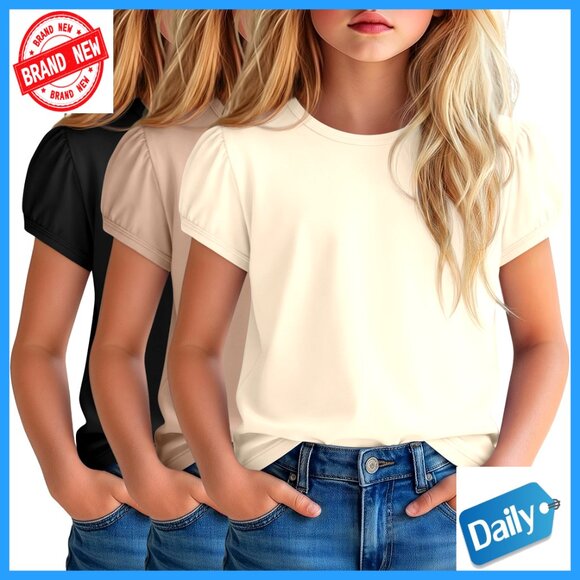 Girls Puff Sleeve Crew Neck T-Shirts 3-Pack Fitted Basic Tops 5-14 Years